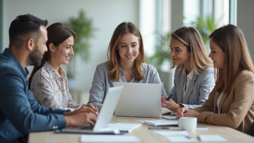 Команда специалистов обсуждает проект с использованием интерактивной доски и ноутбуков в современном офисе