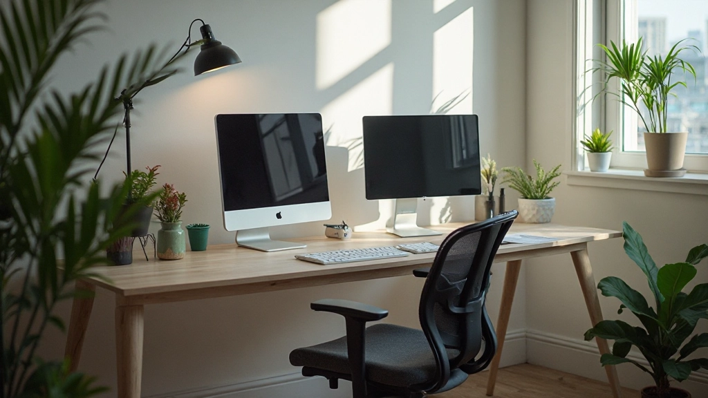 Современный домашний офис с эргономичным стулом, деревянным столом, мониторами и зелеными растениями, естественное освещение из окна, профессиональное фото