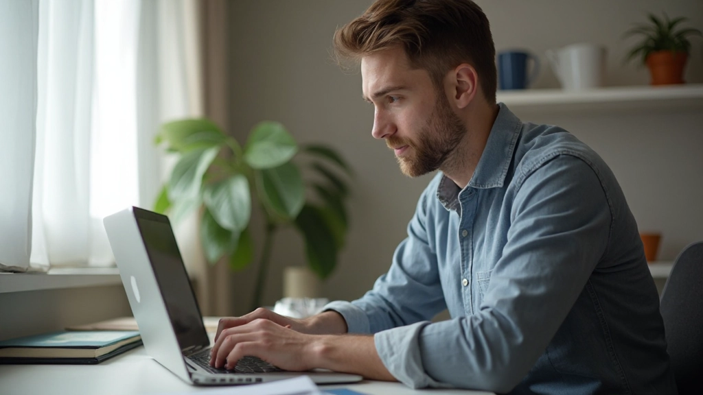 Профессиональное фото удаленного сотрудника, работающего на ноутбуке, сосредоточенный вид, домашний офис с окном, естественное освещение, размытый фон, без текста