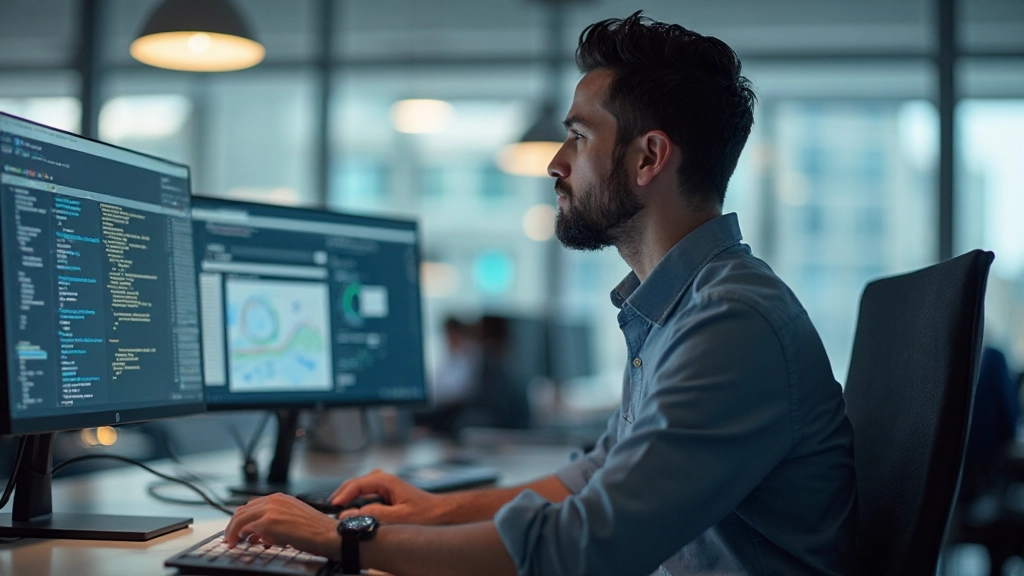 Профессиональное рабочее пространство с несколькими мониторами, отображающими интерфейсы управления проектами