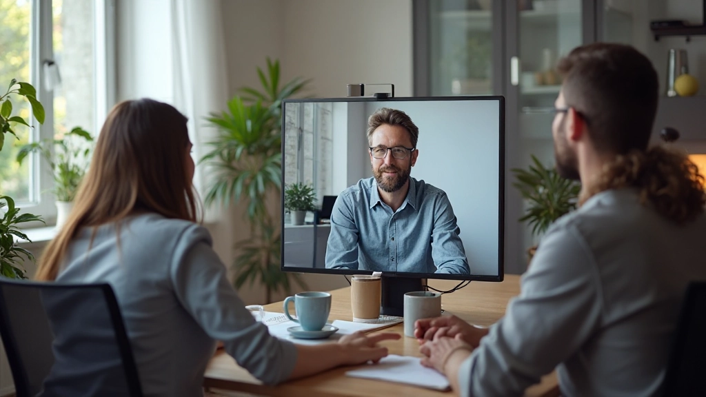 Профессиональная команда проводит видеоконференцию в удаленном офисе, люди смотрят в экраны с сосредоточенным выражением, естественное освещение, размытый фон