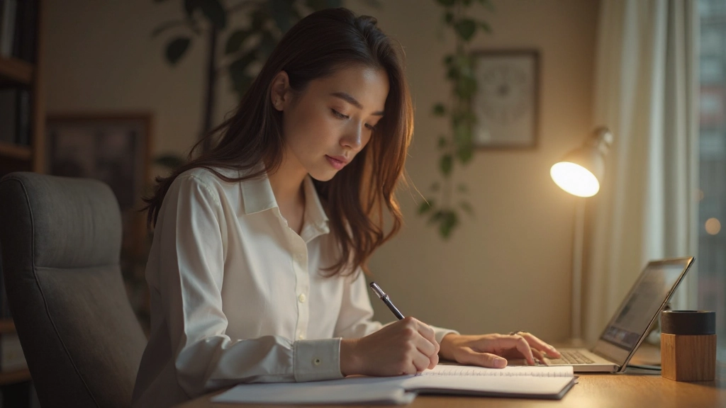 Профессиональное фото женщины, работающей с планировщиком времени, держит ручку, сосредоточенный вид, уютный домашний офис, теплое освещение от лампы, размытый фон, без текста