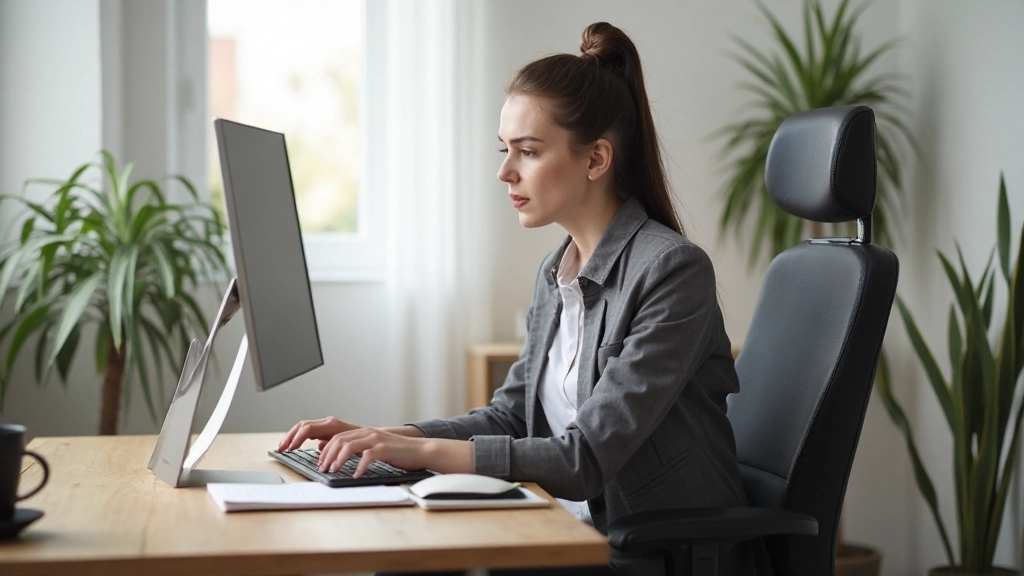 Современный домашний офис с деревянным столом, монитором и удобным креслом