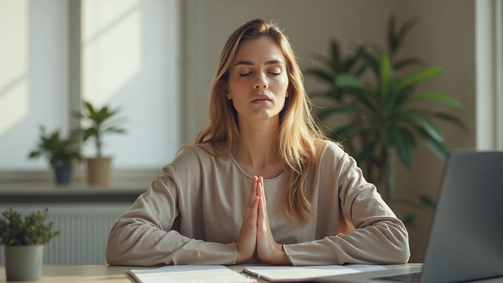 Человек делает перерыв и практикует внимательность перед компьютером